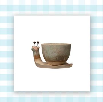a planter that looks like a snail and a rubber tote bag on a blue and white gingham background