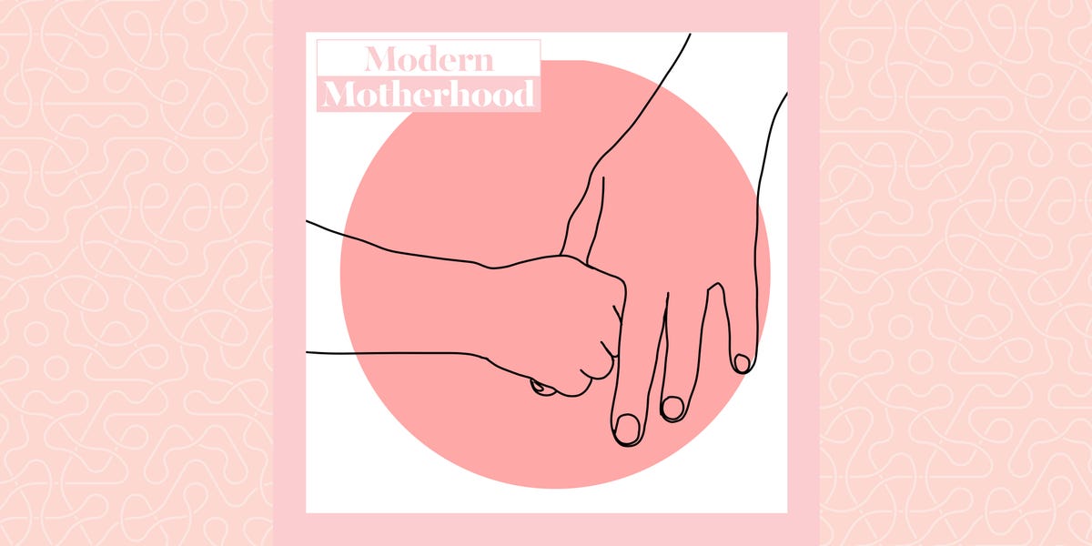 illustration of a parent and child holding hands with a soft pink background