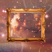a mother and daughter duo are seen in a picture frame surrounded by a dark, starry sky