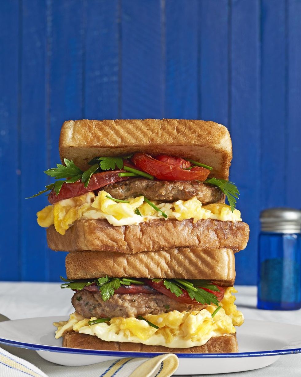 Breakfast sandwich with fennel herb sausage patty on a plate
