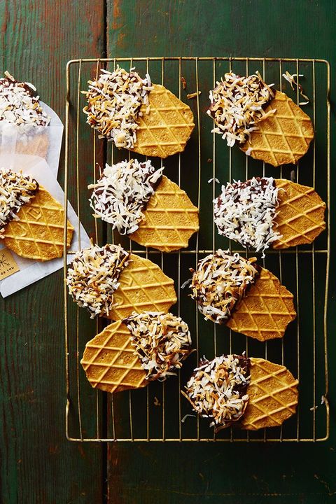 no bake waffle dippers with shredded coconut on a wire rack