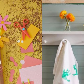 easy mother's day crafts for kids including paper flower bouquet in a cone and dishtowels stamped with kids handprints