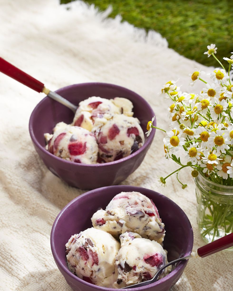 brandied cherry and chocolate chunk ice cream in two mauve colored bowls with a spoon