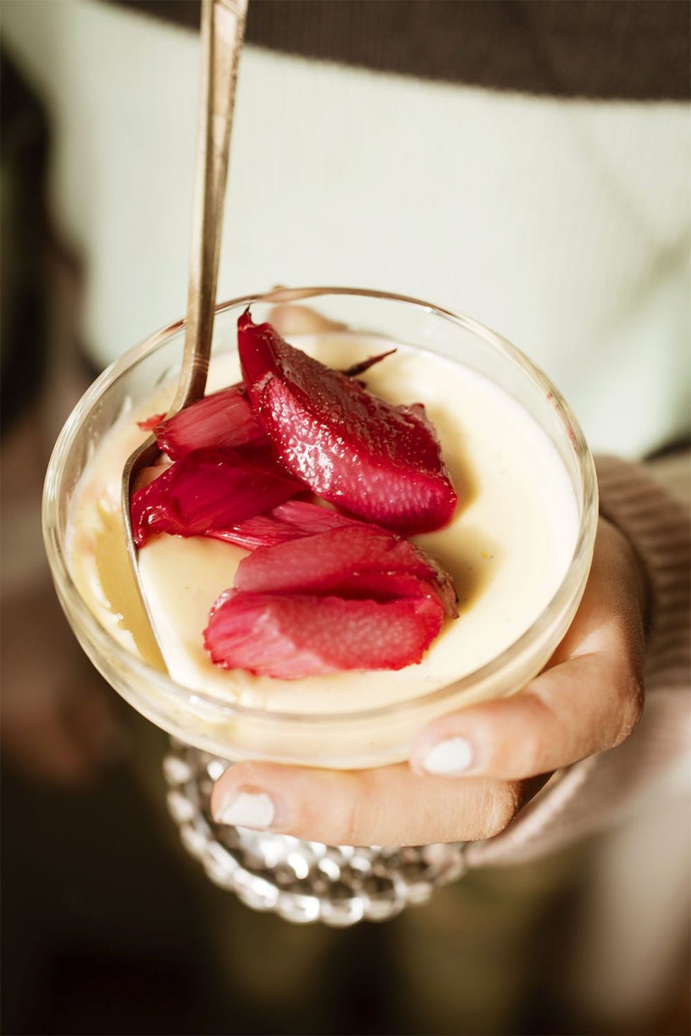 mothers day desserts  vanilla panna cotta with roasted rhubarb