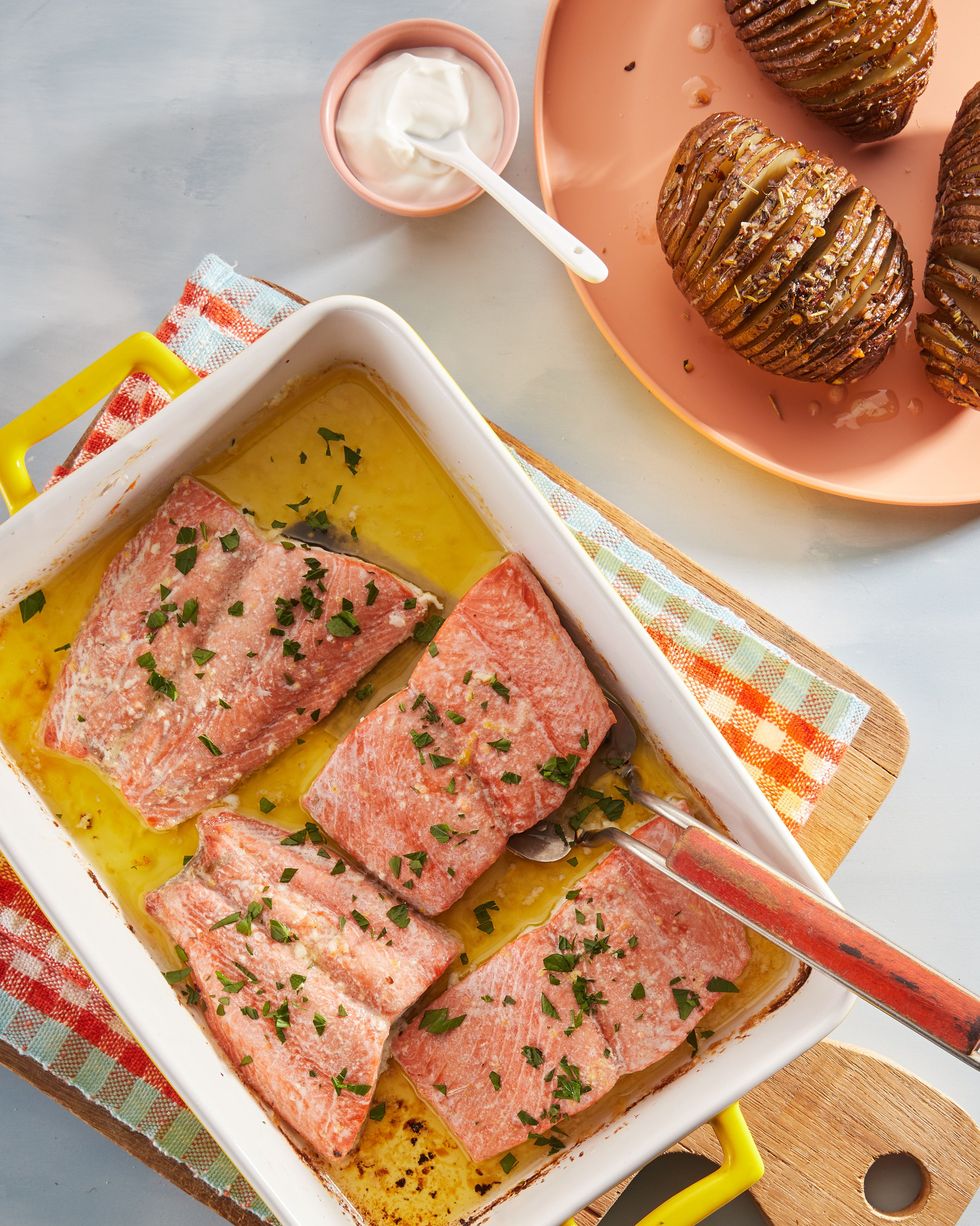 butter baked salmon with castiron hasselback potatoes