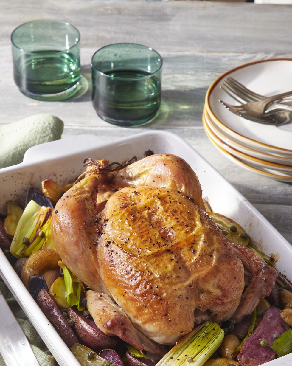 roast chicken with braised leeks and fingerling potatoes