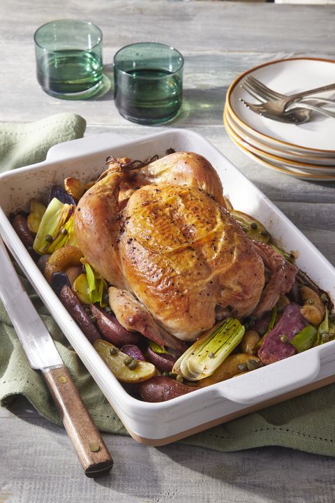 roast chicken with braised leeks and fingerling potatoes