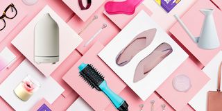 mother's day gift ideas collage of mothers day gifts such as shoes hair brush diffuser glasses candy candle book earbuds pens purse watering can