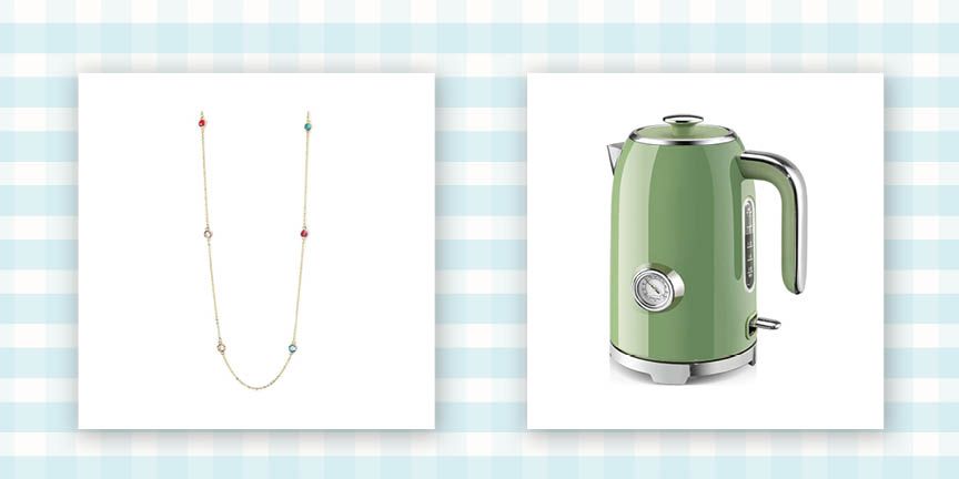 gold necklace with games on chain and green retro electric tea kettle