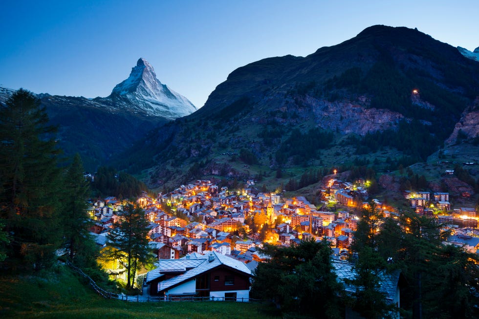 mount matterhorn and zermatt at dusk