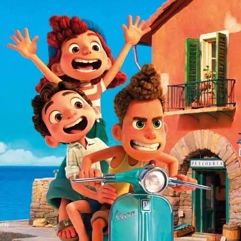 three kids ride a vespa in a scene from luca, a good housekeeping pick for best valentine's day movies for kids