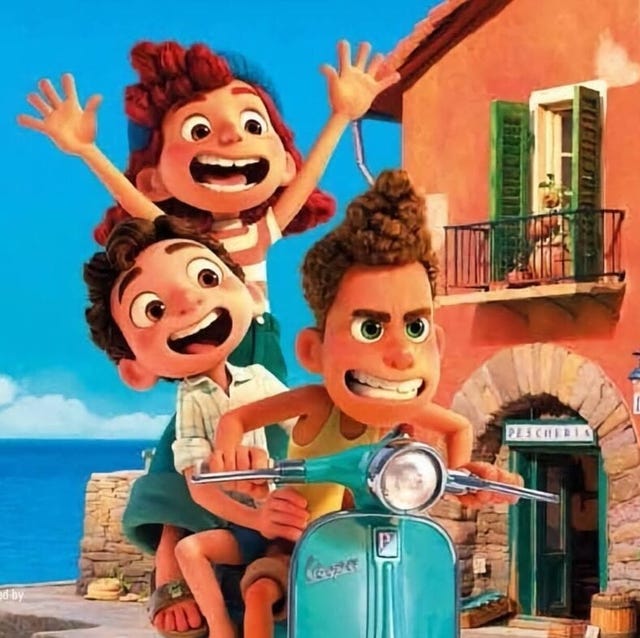 three kids ride a vespa in a scene from luca, a good housekeeping pick for best valentine's day movies for kids