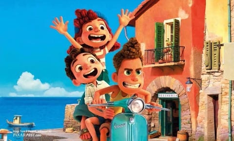 three kids ride a vespa in a scene from luca, a good housekeeping pick for best valentine's day movies for kids