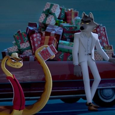 mr wolf and mr snake load presents into a car in a scene from the bad guys a very bad holiday