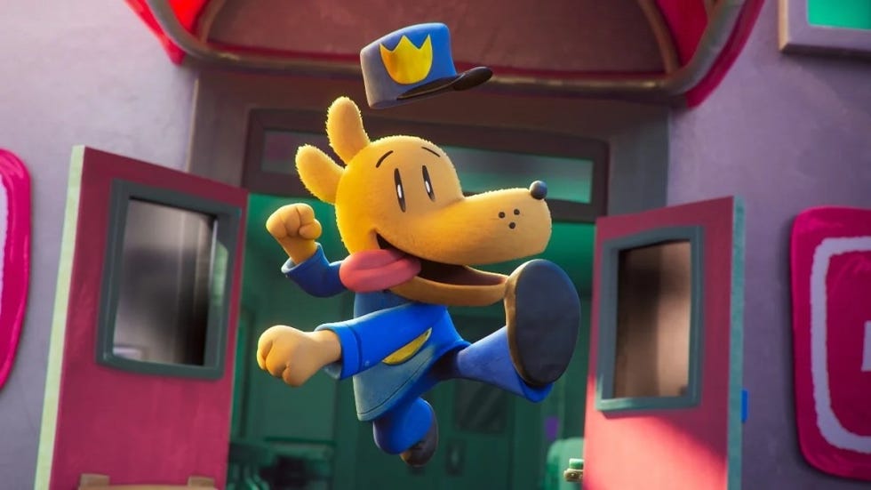 dog man bursts through a door with his tongue hanging out in a scene from dog man, a good housekeeping pick for best kids' movies 2025