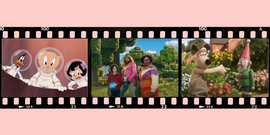 scenes from the day the earth blew up, a minecraft movie and wallace and gromit vengeance most fowl arranged on a film strip