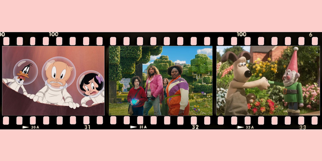 scenes from the day the earth blew up, a minecraft movie and wallace and gromit vengeance most fowl arranged on a film strip