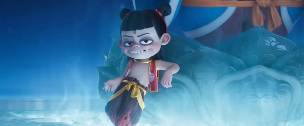 ne zha stands in front of a magic lotus in a scene from ne zha 2
