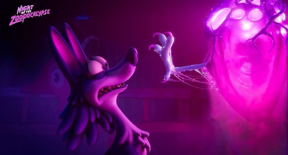 a scared wolf character faces a strange glowing creature in a scene from night of the zoopocalypse, a good housekeeping pick for best kids' movies 2025