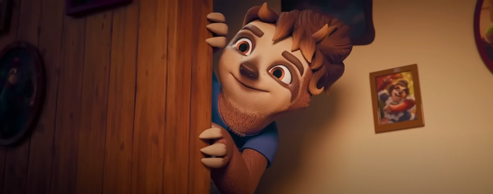 a cartoon sloth peeks around doorway with curiosity in a scene from a sloth story