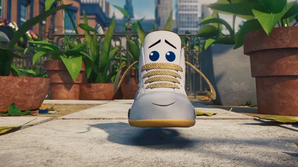 a cartoon shoe character with a face walking on a sidewalk surrounded by plants