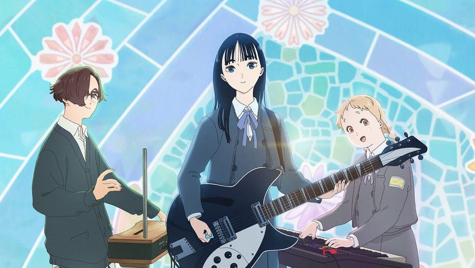 a band performance with three school aged musicians and a decorative background in a scene from the colors within, a good housekeeping pick for best kids' movies 2025