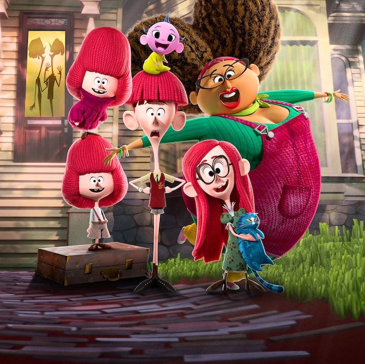 the willoughby children stand in front of their house with an adult guardian in a scene from the willoughbys the movie is a good housekeeping pick for best kids movies on netflix