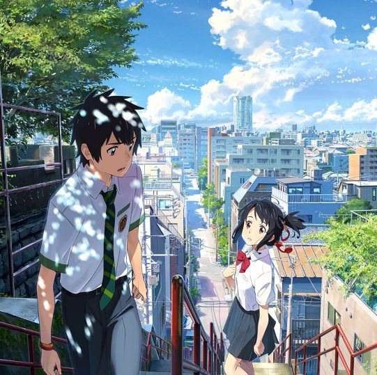 a young boy and girl in school uniforms have a conversation in a scene from your name, a good housekeeping pick for best tween movies