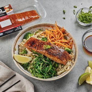 salmon on a bowl of noodles