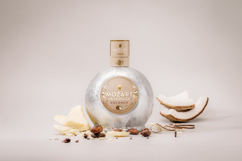 coconutflavored liqueur bottle with coconut pieces and chocolate ingredients