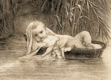 schilderij van mozes in zijn rieten mandje