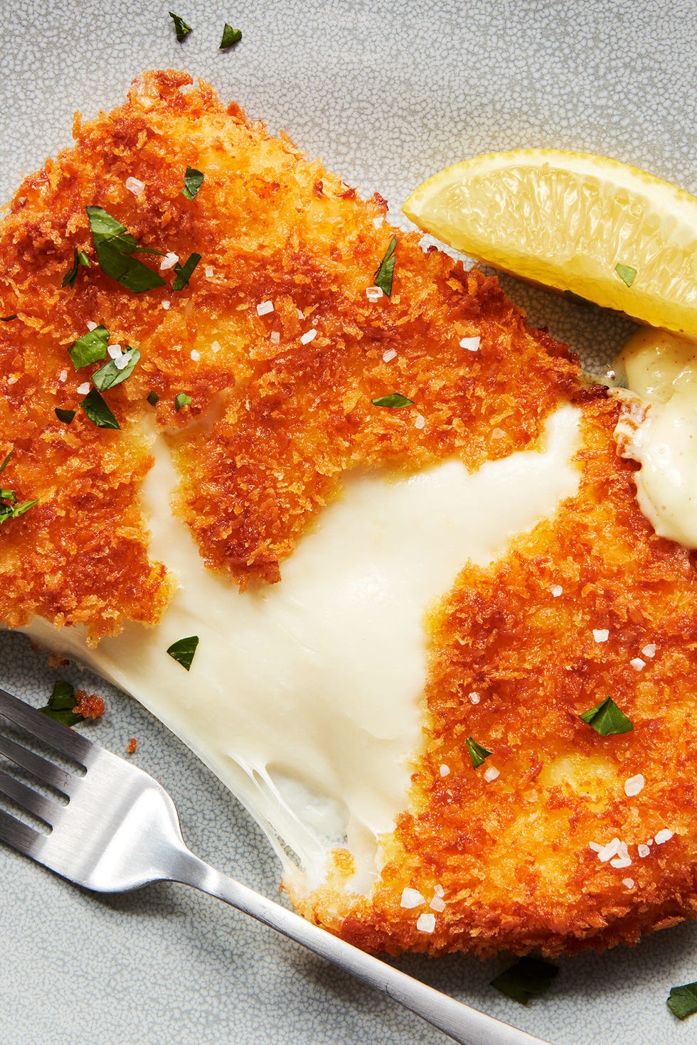 mozzarella schnitzel with mustard cream sauce and lemon