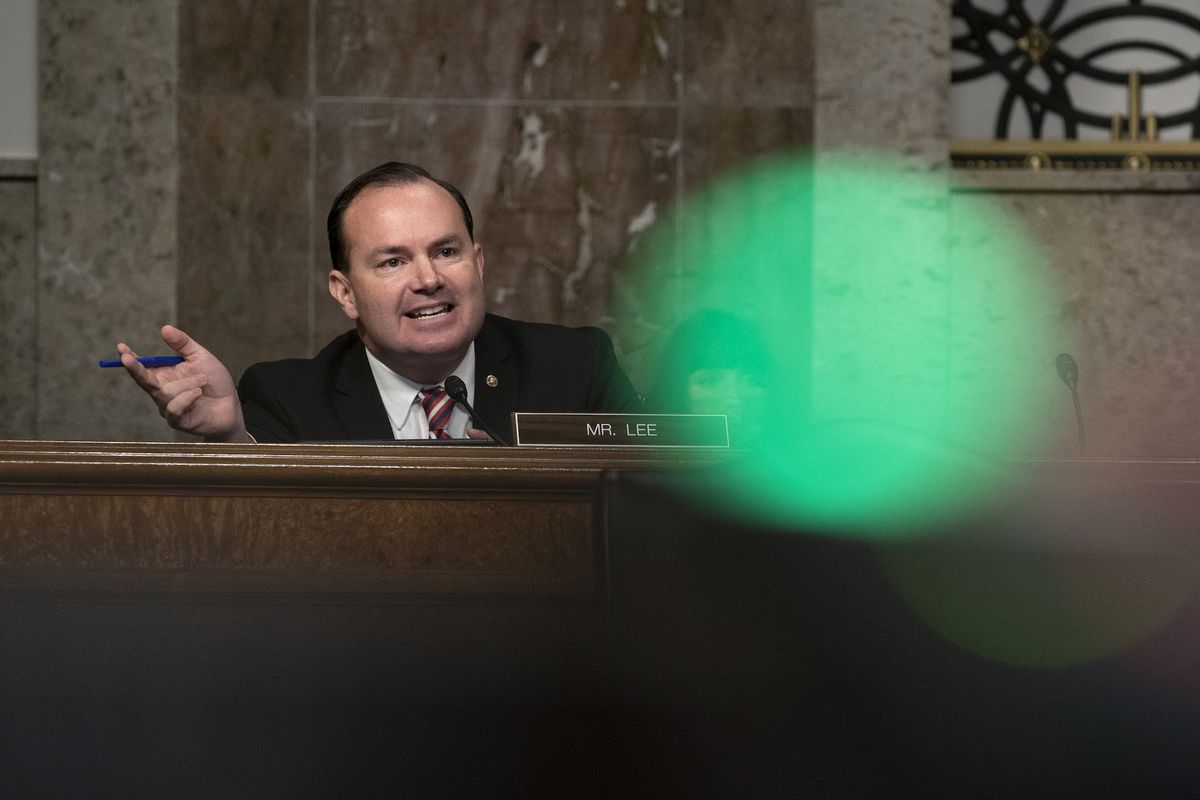 washington, dc   september 30 sen mike lee r ut, speaks during a hearing on wednesday, september 30, 2020 on capitol hill in washington, dc the committee is exploring the fbi's investigation of the 2016 trump campaign and russian election interference photo by stefani reynolds poolgetty images