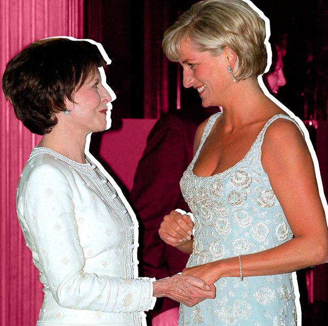 london, united kingdom   june 02  2d3lrincess of wales shaking hands with her friend marguerite  littman, founder of the aids crisis trust, at a private viewing and reception at christies of dresses worn by the princess of wales that are for auction in aid of the aids crisis trust and the royal marsden hospital cancer fund the princess is wearing a pale blue cocktail dress designed by catherine walker      photo by tim graham photo library via getty images