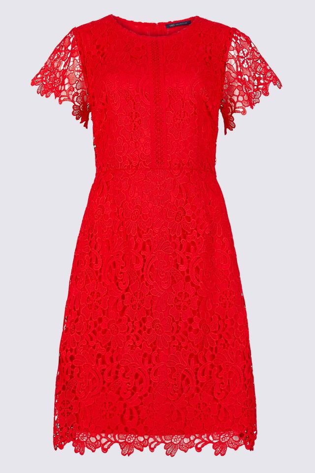 Clothing, Day dress, Dress, Red, Cocktail dress, Sleeve, Lace, Textile, A-line, One-piece garment, 