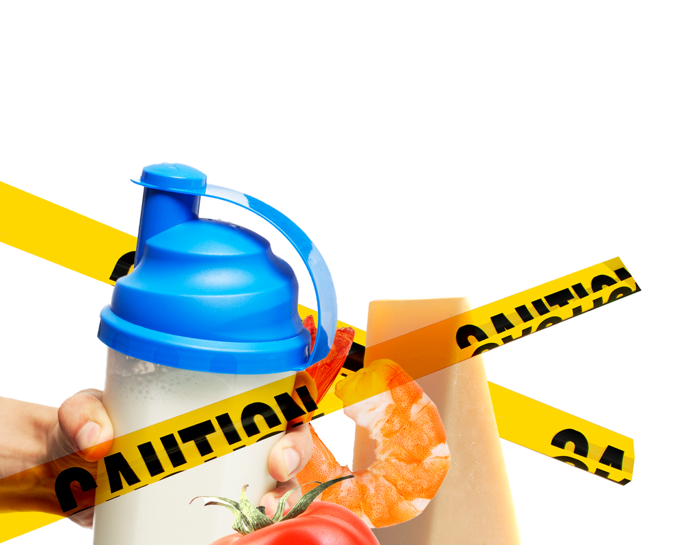 protein bottle, tomato, shrimp, cheese, with caution tape
