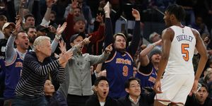 new york, new york   november 15 immanuel quickley 5 of the new york knicks reacts with the crowd after making a three point shot during the second half against the indiana pacers at madison square garden on november 15, 2021 in new york city the knicks won 92 84 note to user user expressly acknowledges and agrees that, by downloading and or using this photograph, user is consenting to the terms and conditions of the getty images license agreement photo by sarah stiergetty images