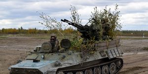 ukrainian army mt lb with 23 millimeter zu 23 gun at zhytomyr training ground on october 2017