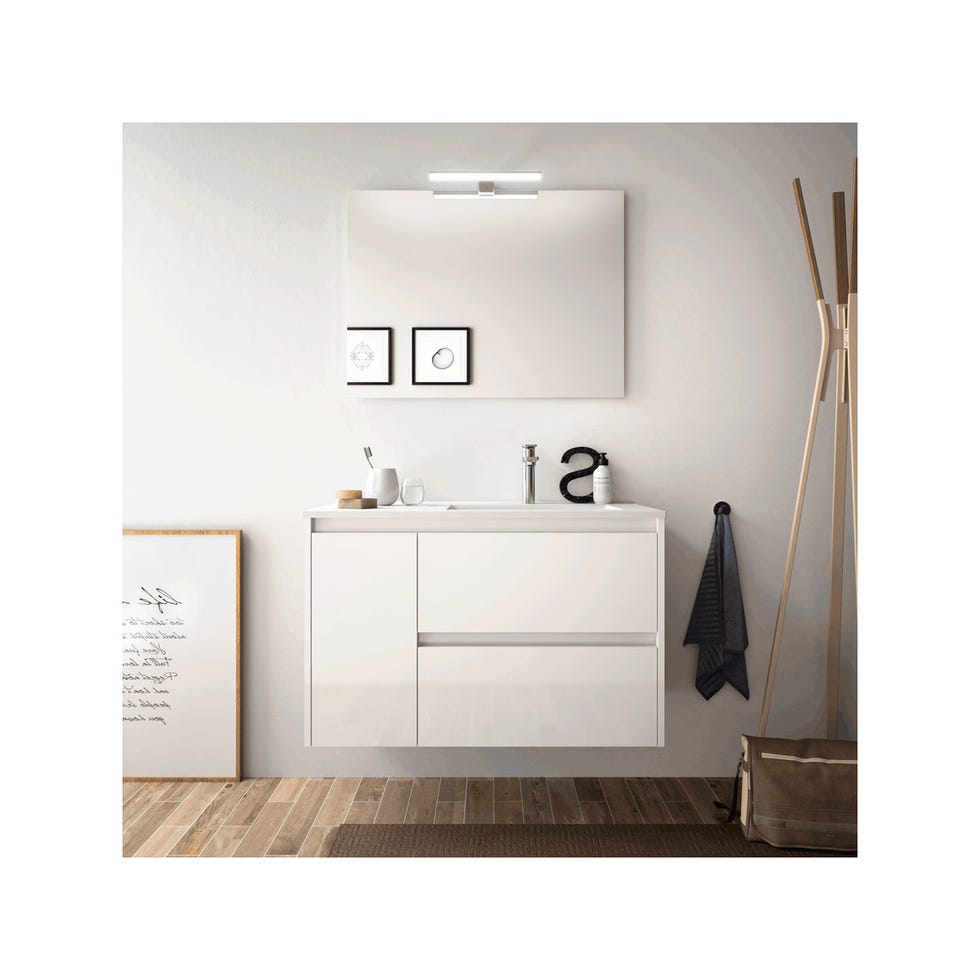 mueble de lavabo blanco con dos cajones y puerta