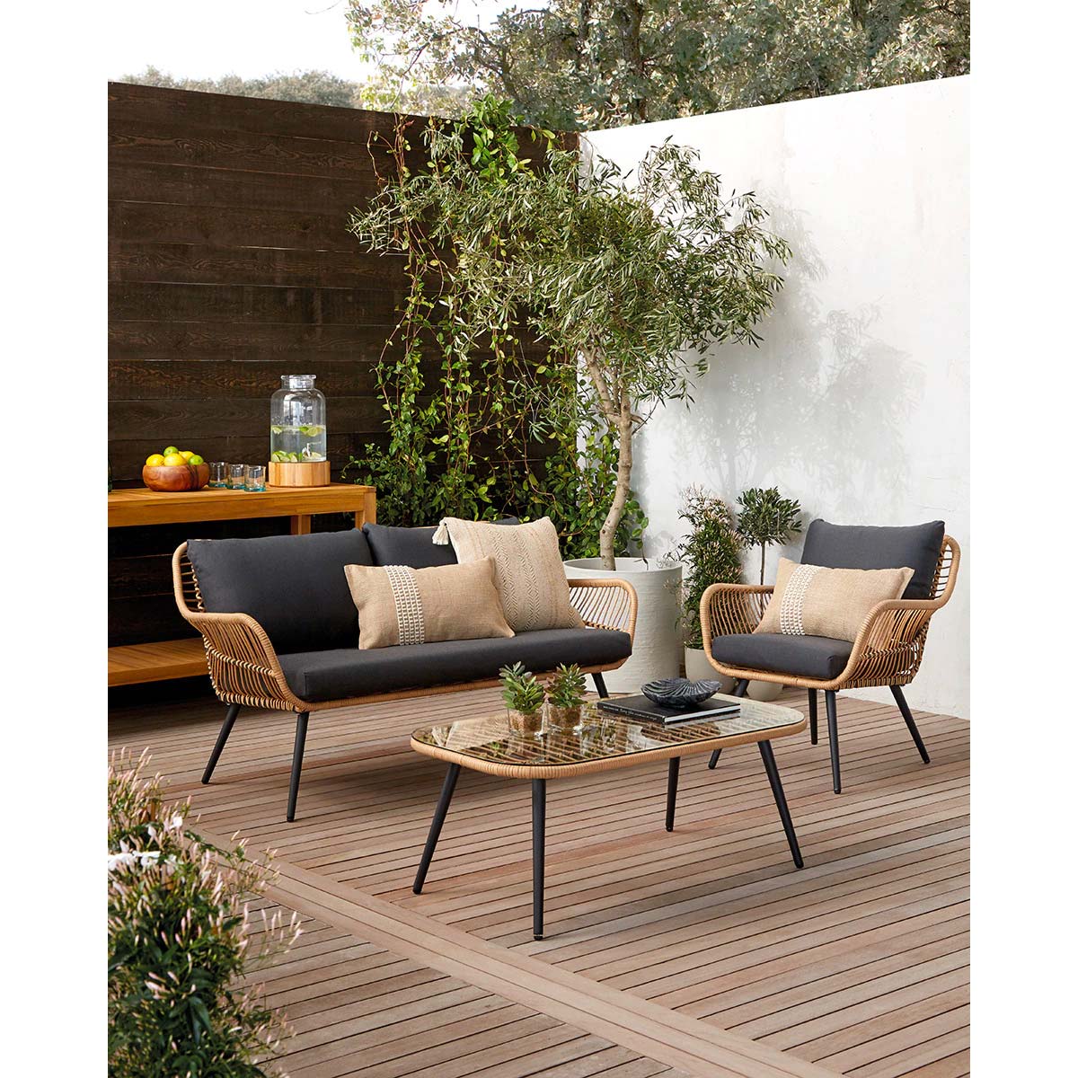 conjunto de jardín mesa, sofá y 2 butacas efecto bambú