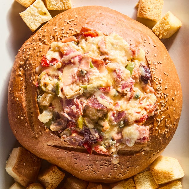 muffuletta dip with toasted bread