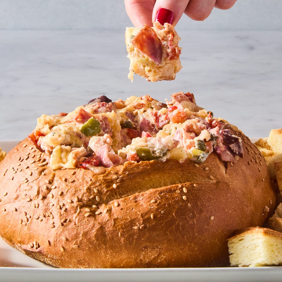 muffuletta dip with toasted bread