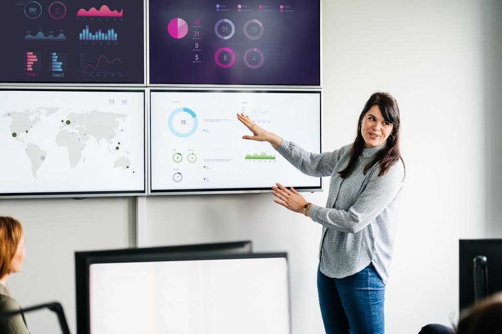 una mujer explica distintos gráficos y datos ante un gran panel de información en una oficina