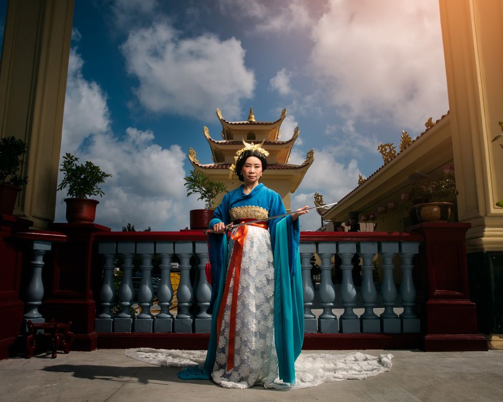 Blue, Beauty, Architecture, World, Temple, Dress, Stock photography, Formal wear, Gown, Costume, 