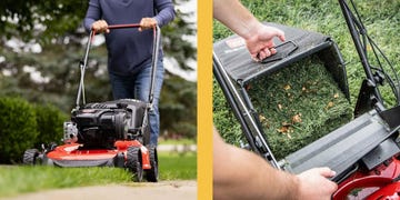 emptying clippings of mulching lawn mower