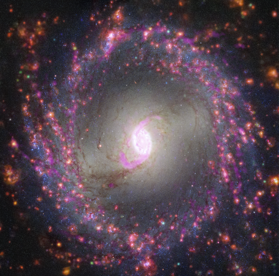 this image of the spiral galaxy ngc 3351 combines observations from several observatories to reveal details about its stars and gas radio observations from the atacama large millimetersubmillimeter array show dense molecular gas in magenta the very large telescope’s multi unit spectroscopic explorer instrument highlights where young massive stars illuminate their surroundings, set off in red the hubble space telescope’s images highlight dust lanes in white and newly formed stars in blue high resolution infrared images from the webb space telescope will help researchers identify where stars are forming behind dust and study the earliest stages of star formation in this galaxy