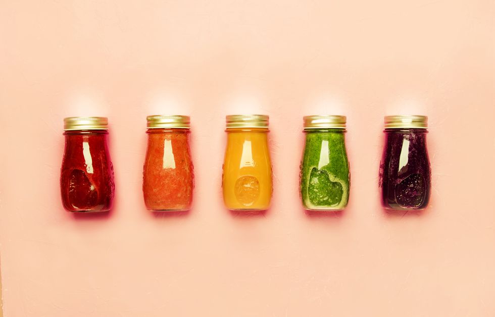 Multicolored Detox Vegan Vegetable Juices And Smoothies In Glass