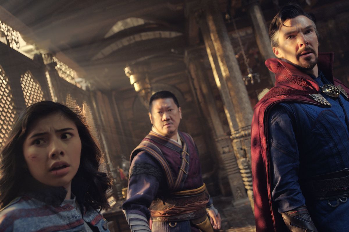 l r xochitl gomez as america chavez, benedict wong as wong, and benedict cumberbatch as dr stephen strange in marvel studios' doctor strange in the multiverse of madness photo courtesy of marvel studios ©marvel studios 2022 all rights reserved