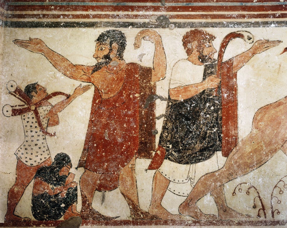 Etruskische kunst zoals dit detail van het fresco uit de zesde eeuw vChr van de Etruskische Tomba degli Auguri in de Italiaanse stad Tarquinia is een belangrijke bron van informatie over deze cultuur uit de oudheid