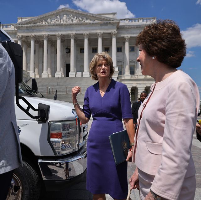 washington, dc   june 24 l r sen bill cassidy r la, sen lisa murkowski r ak, sen susan collins r me, sen jeanne shaheen d nh and other senators board a bus before leaving the us capitol for a meeting at the white house on june 24, 2021 in washington, dc following the meeting at the white house, president joe biden announced that he and the bipartisan senators had struck a deal on a nearly $1 trillion infrastructure deal with new investments in roads, broadband internet, electric utilities and other projects photo by chip somodevillagetty images
